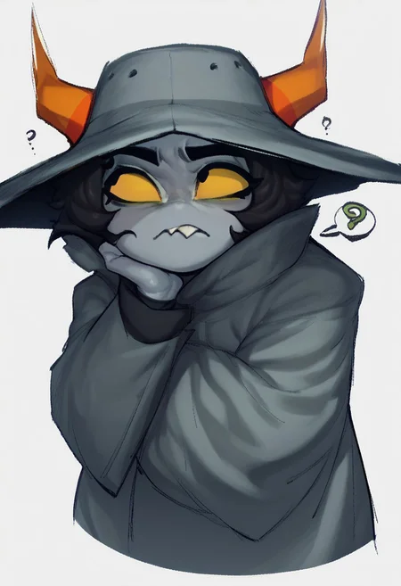 score_9, score_8_up, score_7_up, score_6_up, score_5_up, score_4_up, best quality, solo, 1girl, white background, hair, shortstack, (question mark symbol on coat), 1girl, ((colored skin, grey skin)), orange horns, short hair, black hair, yellow eyes, grey trenchcoat, (grey jacket), pointy buck tooth, excessive wide brim hat, grey hat, looking away, thinking, pondering, hand on chin, pensive. yellow sclera, black pupils