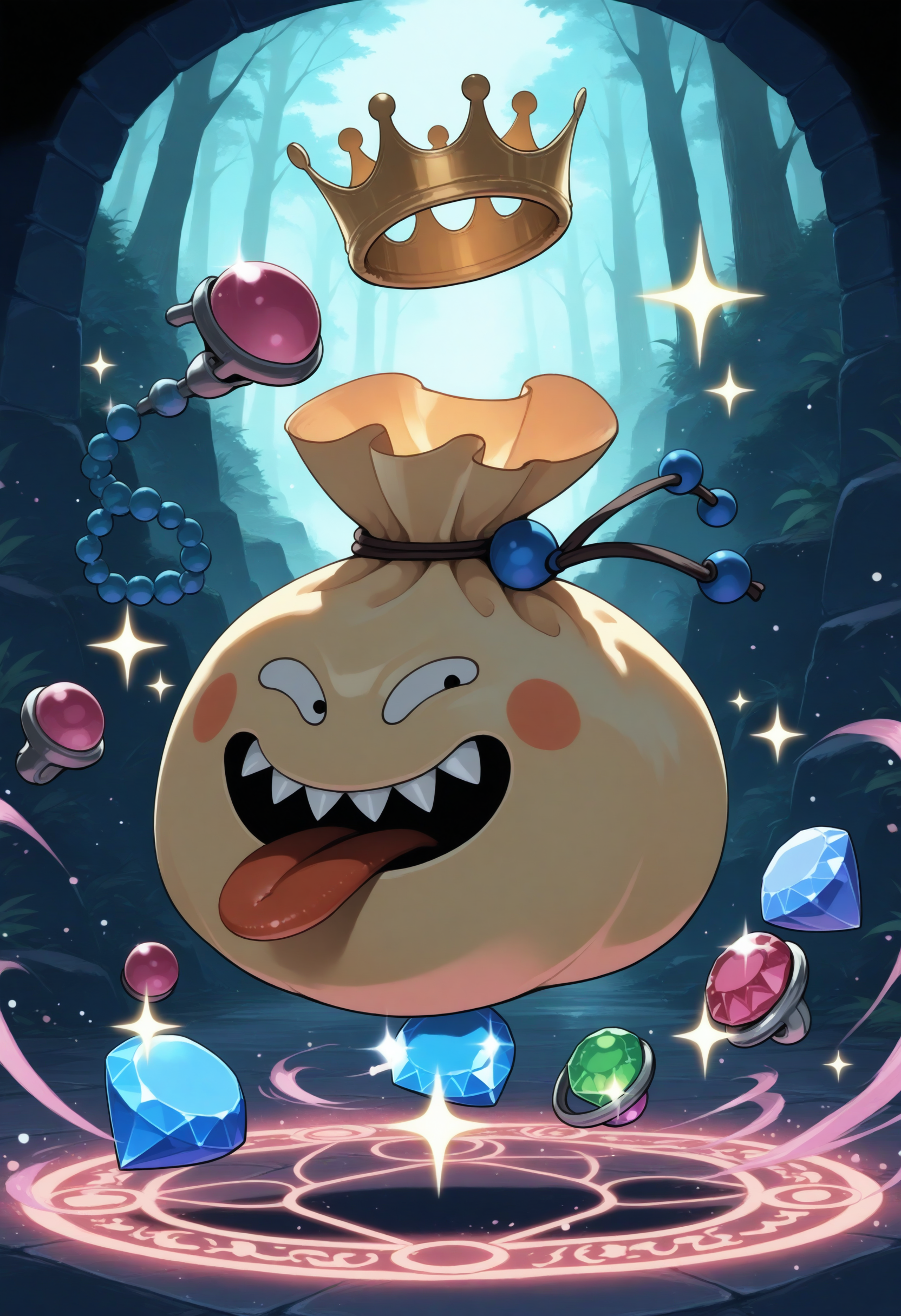 masterpiece,extreme detailed,outdoors,dungeon BREAK no humans,no_legs,full body,
BREAK goodybag_(dq),crown,no humans,gem,necklace,sharp teeth,open_eyes,tongue,<lora:goodybag_(dq)-NAI:1>,jumping,magic,magic_circle,sparkle,v-shaped eyebrows,