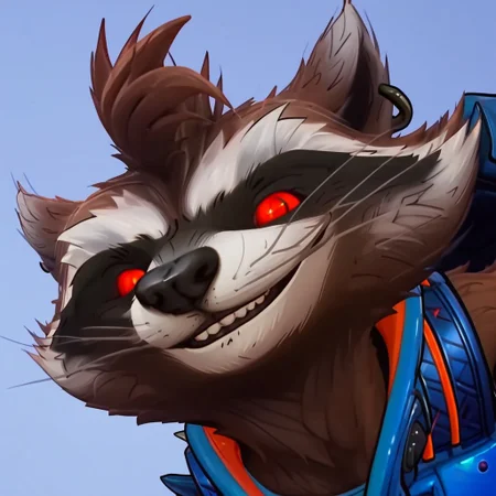 score_9, score_8_up, score_7_up, Expressiveh, masterpiece, best quality, highly detailed, realistic, (zPDXL3), 1boy, solo, (RRMR,furry, anthro, raccoon, procyonid, brown body, brown fur, red sclera, red eyes, black nose, whiskers, upper body, blue armor), blue background, simple background, closed mouth, looking at viewer, smile, arms down