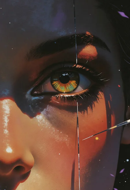 (hyper-realistic photograph, extreme detailing) A striking close-up of a single eye, the focus sharp and intense. The iris is a mesmerizing hazel, yellow and green, almost luminescent, with intricate golden striations, while the pupil is a deep obsidian black, creating a dramatic contrast. The eyelashes, thick and delicately curled, shimmer in a rich midnight purple hue, standing out against the surrounding skin.
The skin is a warm, deep bronze with extreme pigmentation, adorned with a constellation of dark freckles across the cheek and brow, adding depth and a natural, imperfect beauty. Around the eyes, bold makeup is applied in dark, dramatic shades, with heavy eyeliner accentuating the sharp, captivating gaze.
The background is an ethereal blend of smoky charcoal and soft violet, subtly fading into an inky black at the edges, creating a dramatic, cinematic depth that complements the subject's intense gaze. The interplay of light and shadow emphasizes the intricate textures of the skin, lashes, and makeup, capturing the bold contrast of the vibrant tones.
The composition radiates raw emotion, blending beauty with a sense of mystery and allure, creating a hyper-realistic portrayal that commands attention.