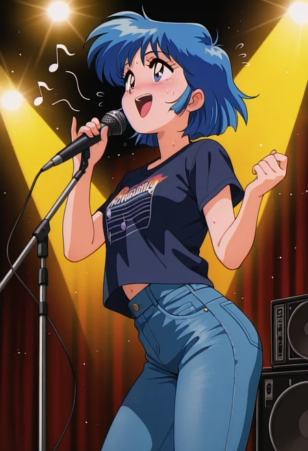 masterpiece, best quality, amazing quality, absurdres, retro artstyle, 1girl, solo, retro artstyle, hiroeww, blue eyes, blue hair, short hair, small breasts, t-shirt, jeans, <lora:Hiroe_Ogawa_Nageki_no_Kenkou_Yuuryouji_ill_v21:0.9>, (singing, music, concert), microphone, holding microphone, musical note, sweat, flying sweatdrops, outdoors, stage, stage lights, spotlight, light particles, open mouth, (smiling, happy), blush, skindentation, detailed clothing folds, depth of field, sharp, high contrast, dynamic light