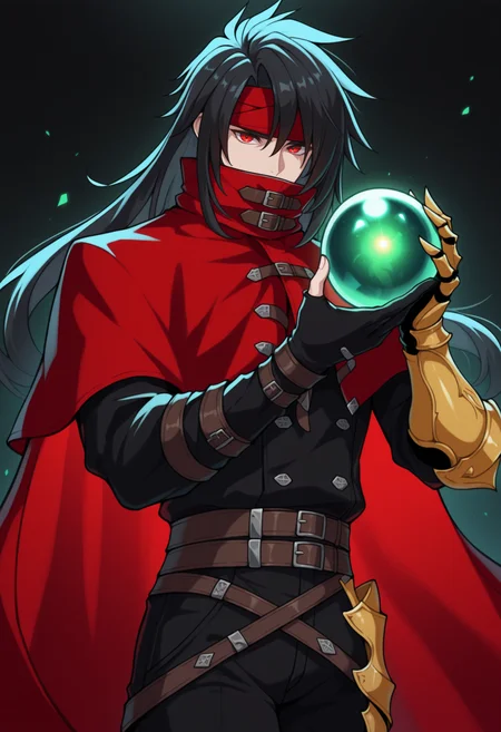 masterpiece, best quality, solo, 1boy, looking at viewer, <lora:Vincent-valentine-illus_Fp:1>, vincentff7, black hair, red eyes, long hair, red headband, red cloak, buckle, black shirt, black pants, single gauntlet, multiple belts, single fingerless glove, green crystal ball, holding, covered mouth, glowing,