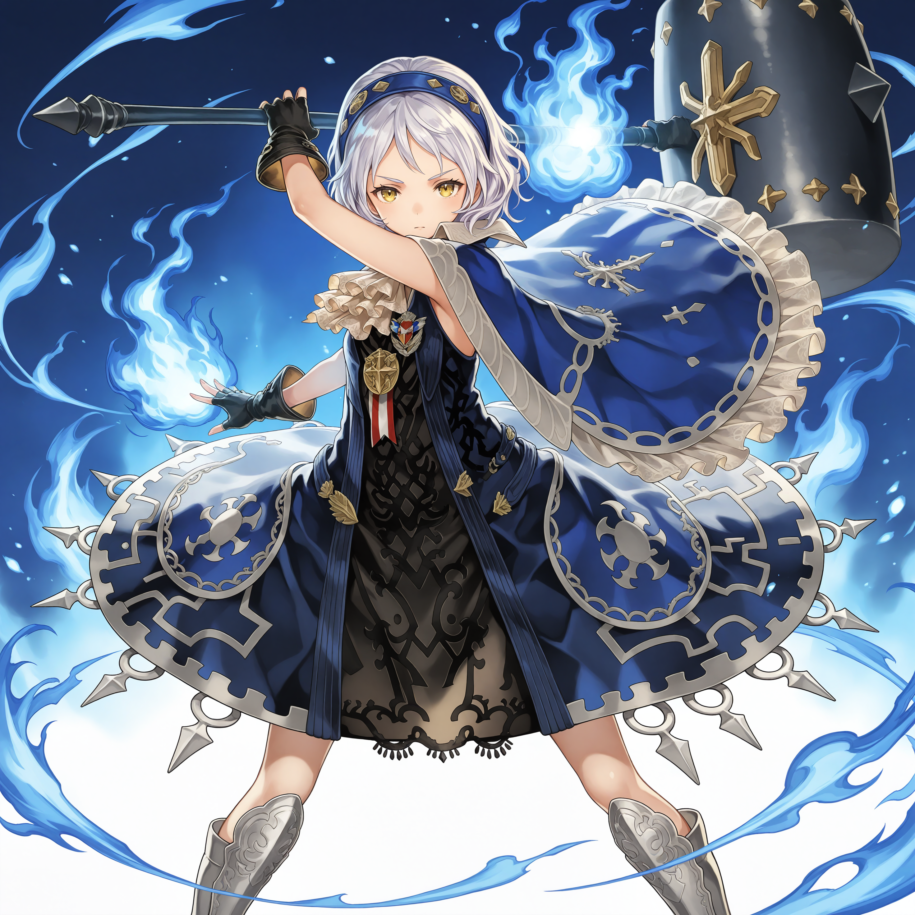 <lora:Melina_(Another_Eden)_2_nai-000020:1>,Melina \(Another Eden\),
blue hairband,fingerless gloves,black gloves,silver trim,blue cape,white frills,frilled cape,medal,white ascot,frilled ascot,black dress,blue dress,print dress,spiked metal trim,layered dress,armored boots,silver boots,
1girl,solo,looking at viewer,incoming attack,blue fire,flaming hand,legs apart,holding weapon,huge hammer,arm up,