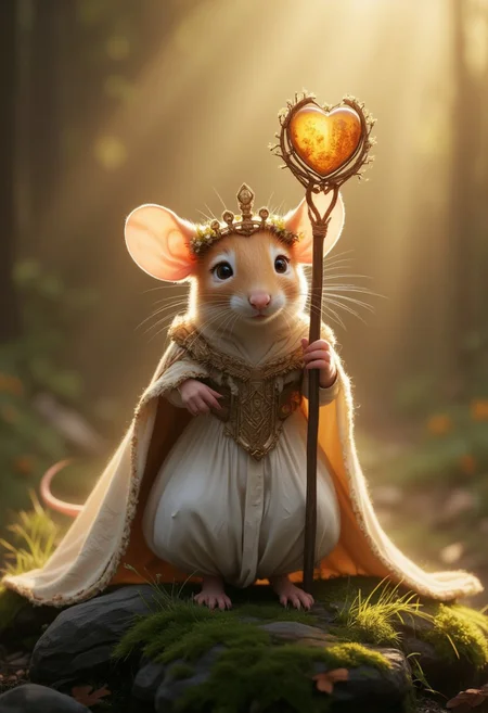 The image is a high-resolution digital artwork featuring a photorealistic natural mouse portrayed as a regal queen in a cinematic composition. The subject is a small, delicate mouse with soft, light-brown fur detailed with fine, realistic textures that capture individual strands. The mouse's large, rounded ears are slightly translucent, illuminated from behind by warm, golden light that filters through a misty forest scene. Her bright, intelligent eyes glisten with a mix of confidence and charm, framed by delicate whiskers that catch the light.
The mouse stands atop a moss-covered rock, holding a translucent honey-amber-colored scepter aloft. The scepter refracts the sunlight, casting subtle golden hues onto her fur. She wears a simple yet elegant crown of woven twigs and tiny wildflowers, enhancing her natural beauty and royal aura. The background features a softly blurred, atmospheric woodland, with shafts of light breaking through the mist and creating a dreamlike bokeh effect.
The lighting is warm and natural, giving the scene a serene yet majestic ambiance, as though captured during golden hour. The image appears to have been shot with a professional DSLR camera using a shallow depth of field, emphasizing the mouse while leaving the background beautifully softened. The overall composition evokes a sense of natural wonder, blending realism with a fairy-tale-like quality.