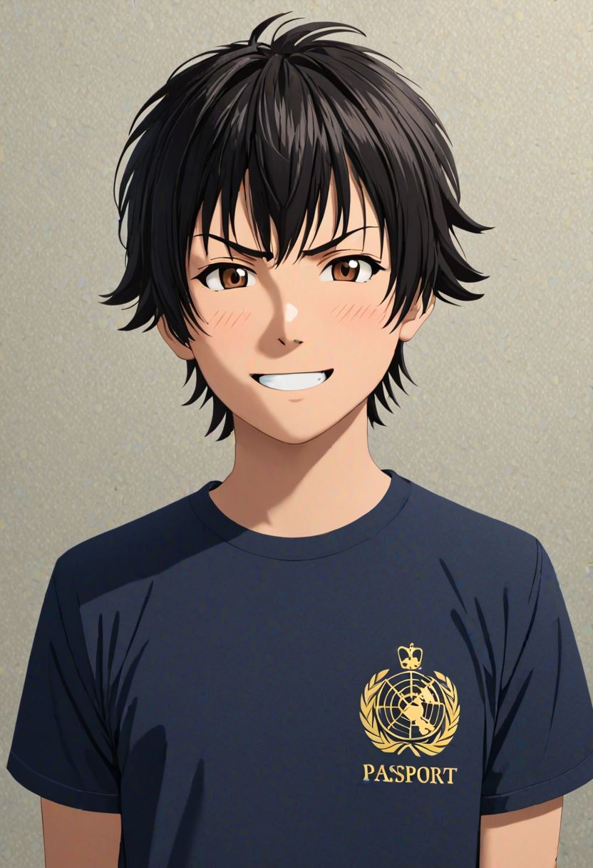 Highres, Masterpiece, High Quality, 4K, Yuusuke Fujisaki, 1boy, solo, black hair, T-Shirt, Look at The Viewer, angry, Smile, Realistic Light, passport_photo_style, Solid Color Background