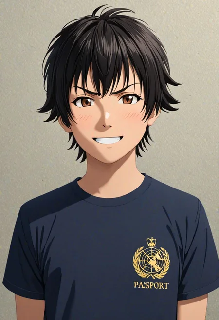 Highres, Masterpiece, High Quality, 4K, Yuusuke Fujisaki, 1boy, solo, black hair, T-Shirt, Look at The Viewer, angry, Smile, Realistic Light, passport_photo_style, Solid Color Background