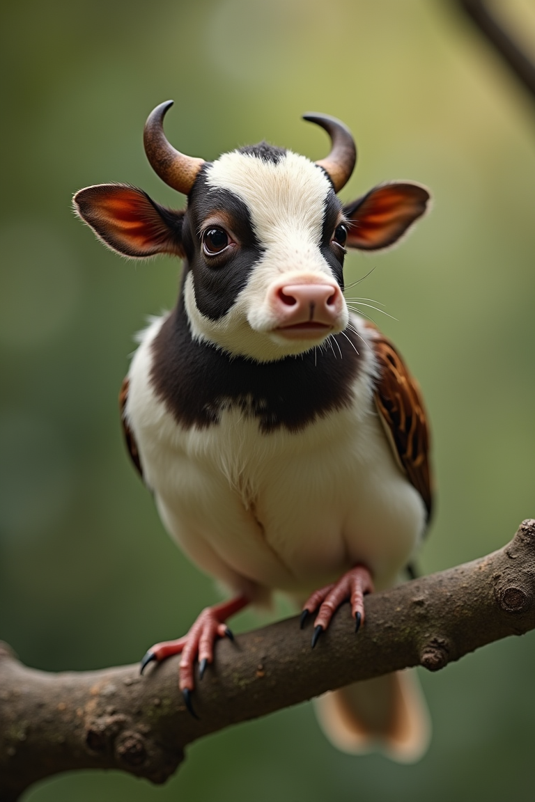 Hybrid between a house sparrow and a cow, the small, agile body of a house sparrow with the head of a cow, perched on a tree branch, hyper-realistic, action scene, cinematic, perfect textures, tilt-shift effect.