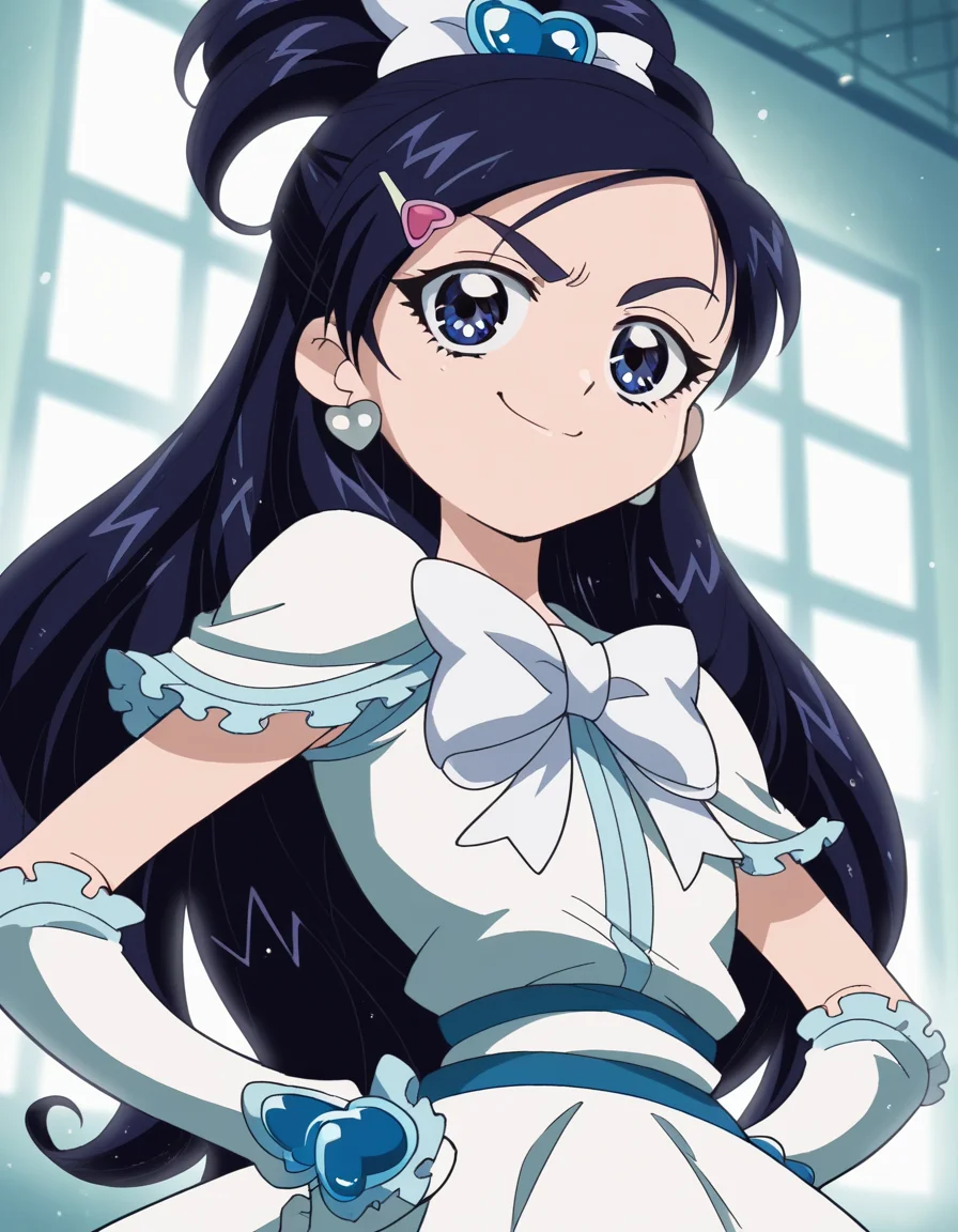 score_9, score_8_up, score_7_up, source_anime, <lora:honoka-yukishiro-anime-ponyxl-lora-nochekaiser:1>, honoka yukishiro, long hair, blue eyes, hair ornament, blue hair, hairclip,, dress, jewelry, earrings, magical girl, half updo, cure white, frills, bowtie, white bowtie, gloves,, indoors, smug, smile, looking at viewer, solo, hands on hips,, cowboy shot, dutch angle