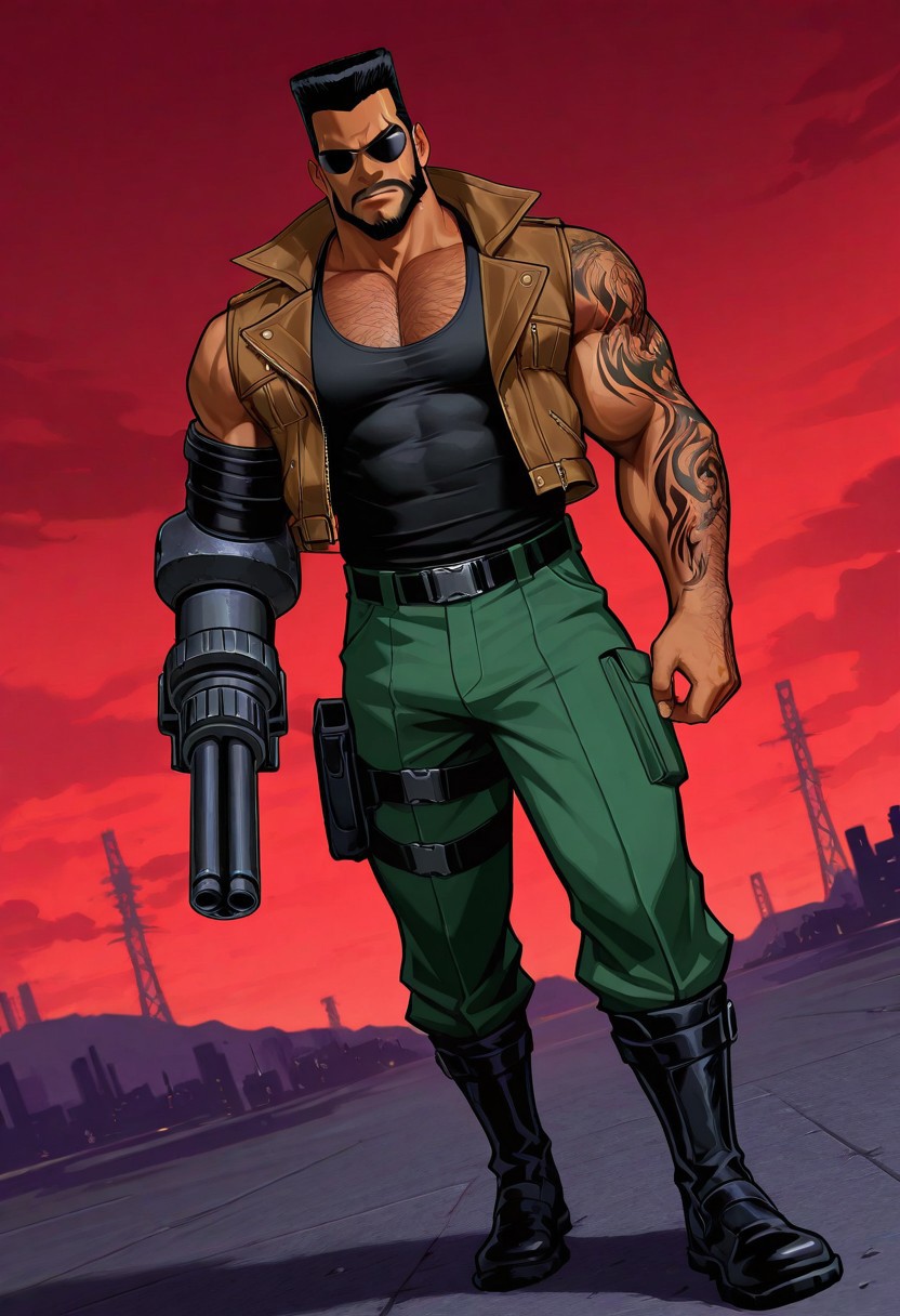 highly detailed, fine skin detail, absurdres, highly-detailed, best quality, masterpiece, very aesthetic, dutch angle, extreme theme, descension, splitting sky, red sky, eye sky, realisme
Barret, dark skinned, full body, green pants, black tanktop, brown jacket, tattoo, facial hair, flattop hair, strong jaw,  black hair, belt, facial scar, gun arm, boots, leather, muscular, muscular male, pecs, abs, muscular arms, large build, broad shoulders, hairy chest, missing right arm, slightly chubby, sunglasses