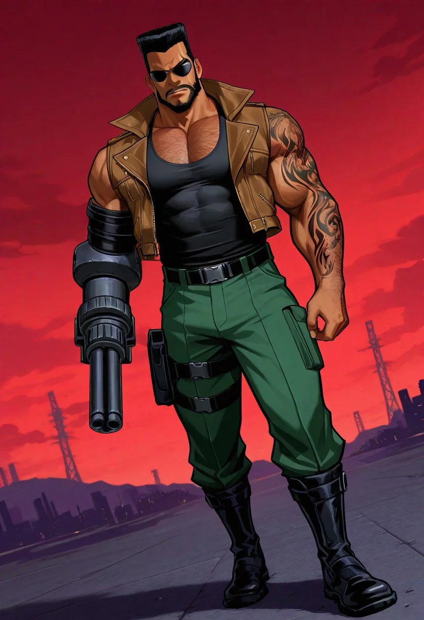 highly detailed, fine skin detail, absurdres, highly-detailed, best quality, masterpiece, very aesthetic, dutch angle, extreme theme, descension, splitting sky, red sky, eye sky, realisme
Barret, dark skinned, full body, green pants, black tanktop, brown jacket, tattoo, facial hair, flattop hair, strong jaw, black hair, belt, facial scar, gun arm, boots, leather, muscular, muscular male, pecs, abs, muscular arms, large build, broad shoulders, hairy chest, missing right arm, slightly chubby, sunglasses