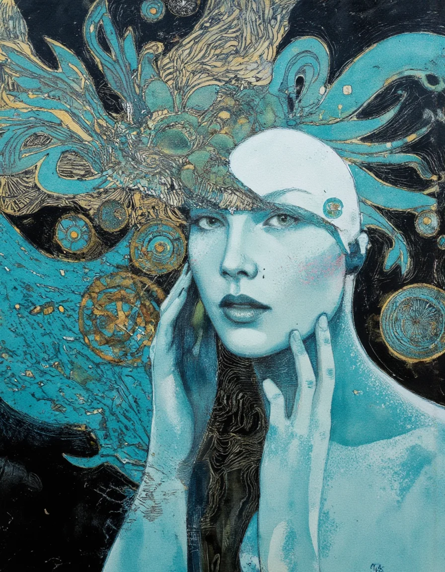 Art by Eli Minaya.
Ethereal minimalist Alien race cybergoth fashion photography painting, in the style of teal and gold, use of palette knives, waist-high portrait, intricate, sharp_focus, concept_art, background zentangle fog.