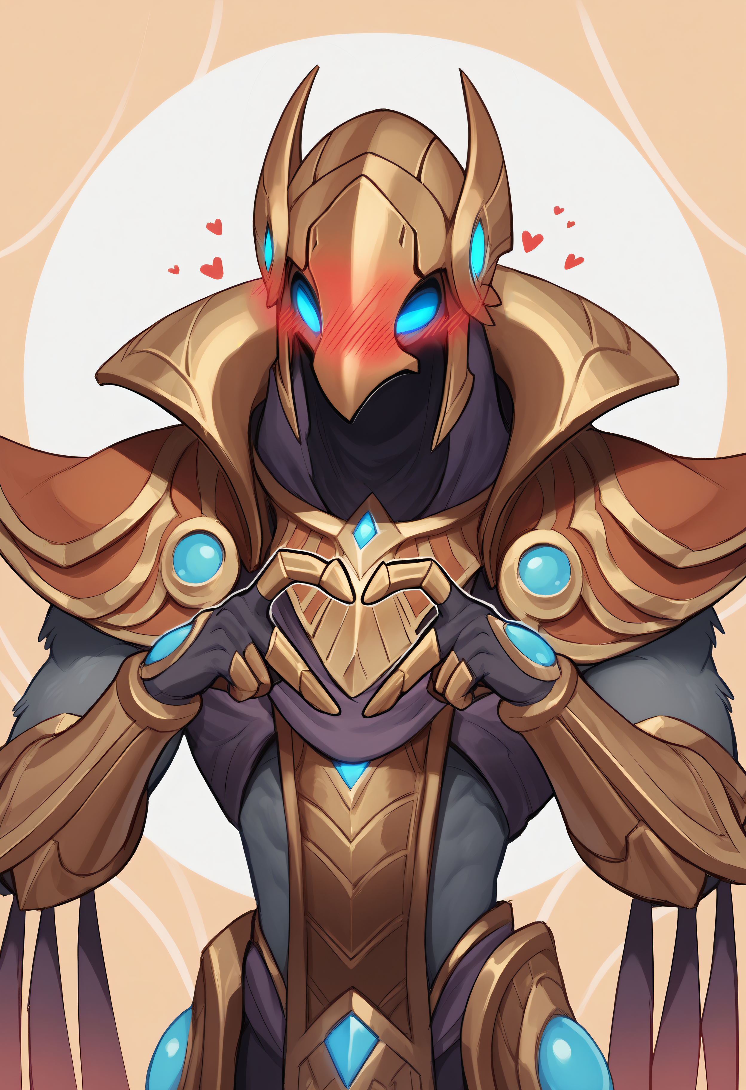score_9, score_8_up, score_7_up, score_6_up, score_5_up, score_4_up, BREAK, azirpdxl, 1boy, solo, male focus, armor, helmet, shoulder armor, gauntlets, grey fur, blue eyes, glowing eyes, (looking away), no pupils, shy, blush, cute, abstract background, <3, <lora:Azir_-_League_of_Legends_Attempt_2-000005:0.8>, heart fingers, heart hands, <lora:Heart_Fingers__Concept_Lora:0.8>