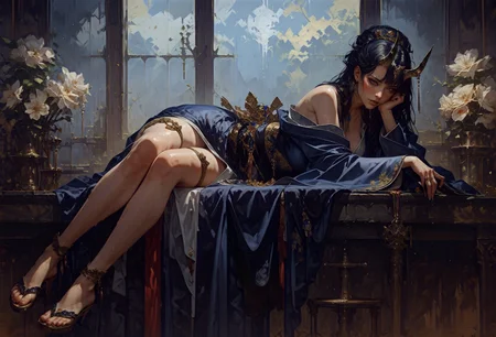 score_9, score_8_up, score_7_up, rating_questionable, 20yo girl, 1girl, full body, curvy, monster girl, solo, tall, ronin, samurai, a woman with black hair, red eyes, Brom, beautifully backlit, fantasy art, blue and purple gradient skin, long hair, kimono, black hair, scales, curvy horns, atmospheric, sweat, legs, thigh dagger strap <lora:pony/twilight_style:0.8> <lora:pony/expressiveh:0.8> expressiveh <lora:pony/vixon_gothic_oil_style:0.7> d4rk01l