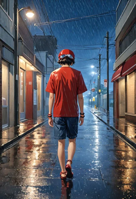 Highres, Masterpiece, High Quality, 4K, Yuusuke Fujisaki, 1boy, solo, black hair, walking, sidewalk, outdoor, night, dark, street lights, road, heavy rain, soaking wet, realistic lights, red hat, goggles, bracelet, anklet
