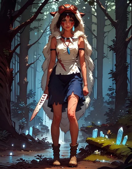 score_9, score_8_up, score_7_up,  san, 1girl, (full body:1.2), solo, short hair, brown hair, gray eyes, headband, face paint, earrings, white sleeveless top, navy under dress, arm cuffs, fur headdress, fur cape, light-skinned female, female focus, looking at viewer, smiling, forest, (blush:1.1), shoes, crystal necklace, holding dagger  <lora:pony/twilight_style:0.8> concept art, realistic, <lora:pony/expressiveh:0.8> expressiveh, <lora:pony/kenva:0.8> knva, <lora:pony/san_pony_v4> <lora:sdxl/sinfully_stylish_sdxl>