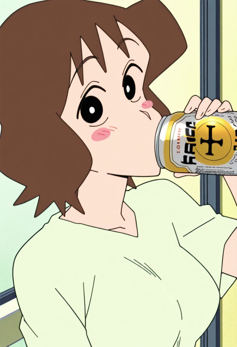 best quality, masterpiece, anime screencap, anime coloring, ultra detailed, source_anime, intricate details, perfect anatomy, looking at viewer, upper body,
nohara musae, 1girl, brown hair, short hair, black eyes, breasts, solo,
can, blush, shirt, blush stickers, drinking, beer can, holding,