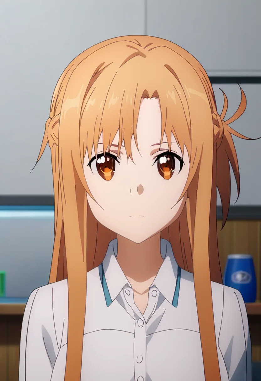 score_9, <lora:yuuki_asuna:1> yuuki asuna, 1girl, anime coloring, braid, brown hair, closed mouth, french braid, indoors, kirito, long hair, looking at viewer, solo, upper body, white shirt, yuuki asuna