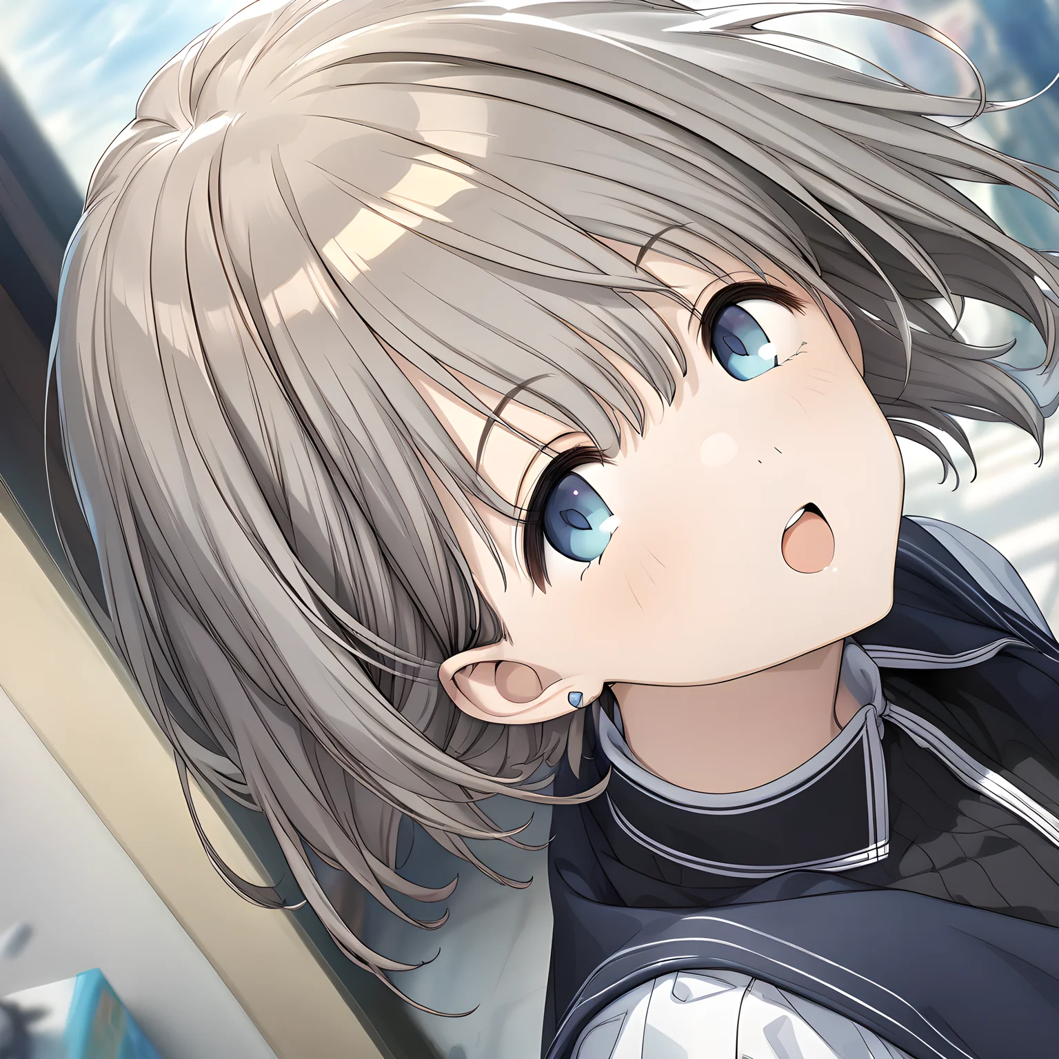 (masterpiece),(best quality),(ultra-detailed),(best illustration),(best shadow),(absurdres),(detailed background),(very aesthetic), asahi serizawa, 1girl, blue eyes, solo, open mouth, jewelry, short hair, earrings, blurry, grey hair, bangs, potrait,  <lora:asahiserizawa:1>