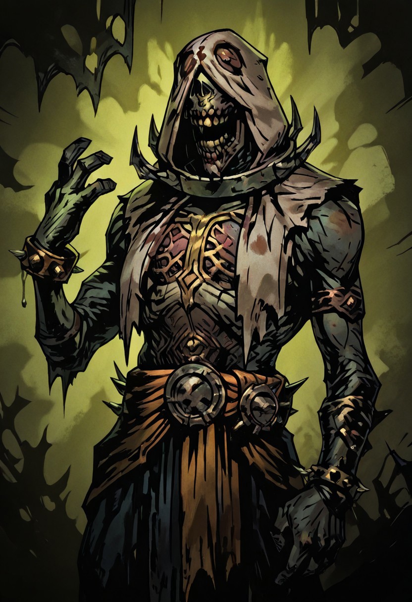 masterpiece, best quality, newest, absurdres, highres,  TTCSV1.0,
1boy, DDFLA-V1.1, collar, spiked collar, hood, scar, sash, spikes, undead, zombie, hood, hood up, teeth, bracelet,