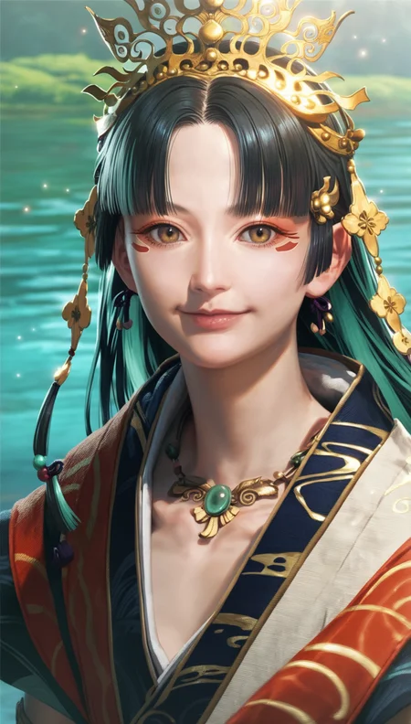 score_9,score_8_up,score_7_up,
<lora:Yoshiro:0.9>,
yoshirogoddess,
realistic,
1girl,solo,
black hair,long hair,hime cut,
yellow eyes,hikimayu,looking at viewer,smile,
ornate gold headdress,jade,intricate traditional robe,red ribbon,detailed and traditional design,
portrait,
blurry background,bloom,lens flare,shimmering water background reflecting sunlight,lake,light particles,