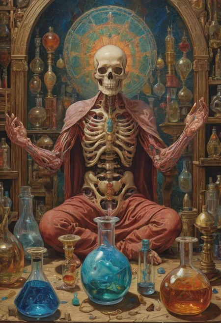 (art by Eduard Wilhelm Pose and Master of the Holy Blood and Ivan Bilibin:1.1), symmetry and balance, detailed, FastNegativeV2, ral-dissolve,Completely (James Ensor,Unica Zurn,Zdzislaw Beksinki:1.25), Paranormal, Apparition, intricate, oil on canvas, (surrealism:1.1), detailed, FastNegativeV2, amazing quality, masterpiece, best quality, hyper detailed, ultra detailed, UHD, perfect anatomy, (Award winning, masterpiece), alchemist, glass vial, flasks, vibrant colors, iridescent, alchemist laboratory, laboratory glassware, (philosopher's stone)