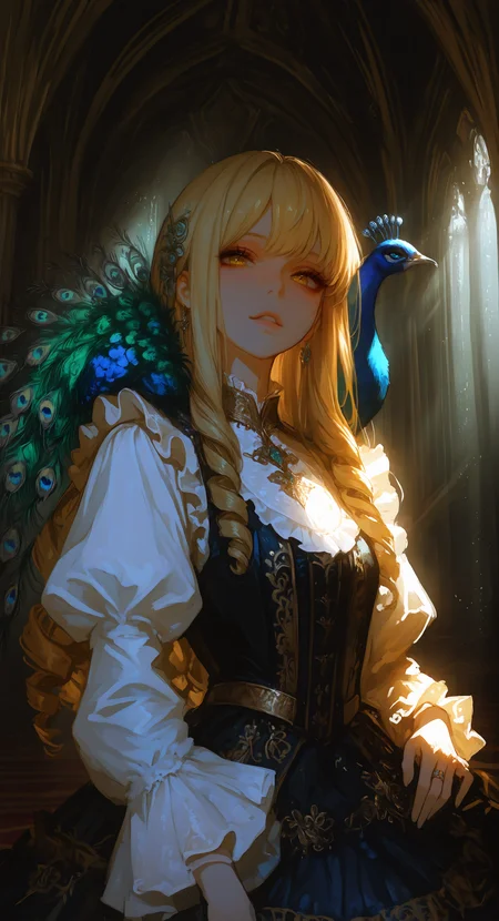 masterpiece, best quality, good quality, very aesthetic, absurdres, newest,1girl, animal on shoulder, bird, bird on shoulder, Extremely detailed dress, frilled dress, frills, juliet sleeves, jewelry, parted lips, peacock, Blonde hair, ringlets, ring, shirt, long hair, solo, upper body,
looking_at_viewer, Raise head slightly, Court, nobility,noble,
shadowy lighting, cinematic atmosphere, Global Illumination <lora:spo_sdxl_10ep_4k-data_lora_webui:0.6> <lora:ponyv5_noobV065S_1_adamW-000013:0.7> <lora:USNR_STYLE_XL_lokr:0.45> <lora:GBF_Illustrious:0.4> <lora:748cmSDXL:0.8>