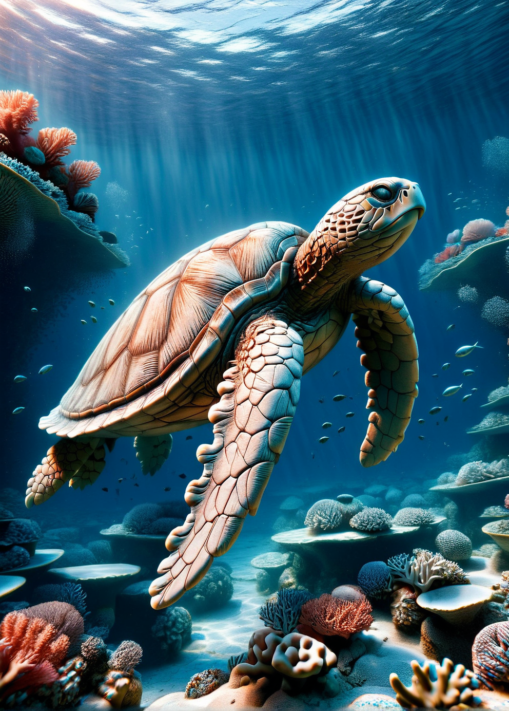 An ais-rghhwn sea turtle swimming through a coral reef, its shell like weathered, mosaic stone <lora:ais-rghhwn-sdxl:1>