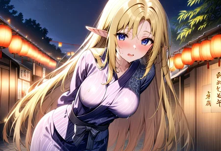 Sunny day, beatiful beach, realistic sea, tree palms in the back ground. <Alpha \(kage no jitsuryokusha ni naritakute!\), (simple female body:1.3), (medium breast:1.3), thin waist, (very sweaty body:1.1), (very long hair:1.1), (blonde hair:1.3), elf ears, beatiful eyes, lively eyes, blue eyes, (purple yukata:1.3), embarrased, very blushing>. Masterpiece, high quality, ultra-detailed, vibrant colors, cinematic lighting, Japanese festival setting, night scene, traditional decorations, paper lanterns glowing warmly, stalls with delicious street food (like takoyaki, taiyaki, yakisoba), colorful festival games, festive crowd in yukata, peaceful atmosphere, characters wearing beautifully designed yukata with intricate patterns, fireworks illuminating the sky, dynamic poses, joyful expressions, sakura trees lit by lanterns, stone paths, detailed background.