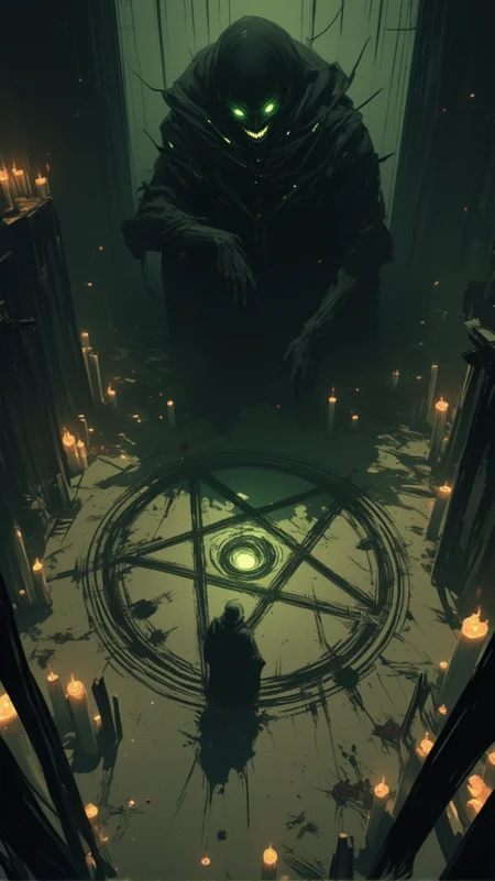A master-level, highly detailed dark fantasy scene set in a dimly lit, ominous room. The floor is marked with a large, blood-drawn pentagram, its sinister lines glowing faintly. Surrounding the pentagram are countless dark white candles of varying lengths and thicknesses, their flickering flames casting unsettling shadows across the room. At the center of the pentagram, a menacing black demon is emerging from the blood-drawn symbol. The demonâs glowing green eyes pierce through the darkness, and an eerie, malevolent grin spreads across its face, exuding a sense of pure evil. Covered in shadows