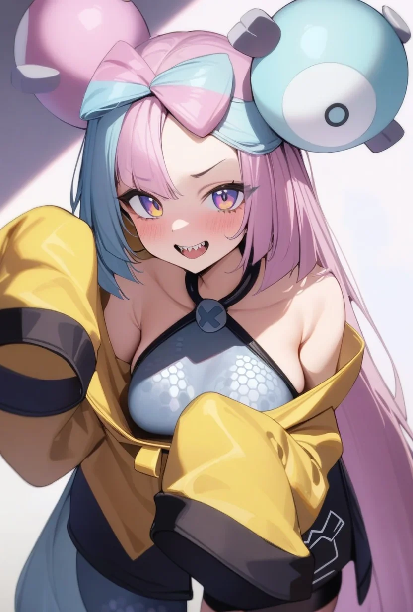 masterpiece,best quality,very aesthetic,absurdres,<lora:iono_(pokemon):1>,sleeves_past_fingers, yellow_jacket, sharp_teeth, solo, hexagon_print, sleeveless_shirt, very_long_sleeves, oversized_clothes, highres, absurdres, iono_\(pokemon\), 1girl