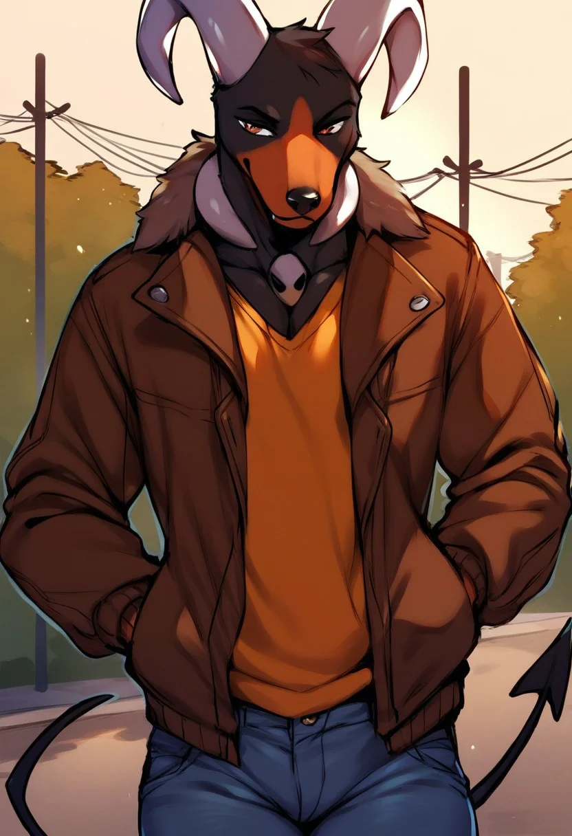 score_9, score_8_up, score_7_up, score_6_up, score_5_up, score_4_up, source_furry, source_anime, BREAK, (male: houndoom, anthro, male:1.2), ( curved horn, horns, black fur ,brown countershading, countershade fur, spade tail :1.3), (anthro houndoom, jacket, jeans, bad boy, :1.6) (outdoors:1.1),
,