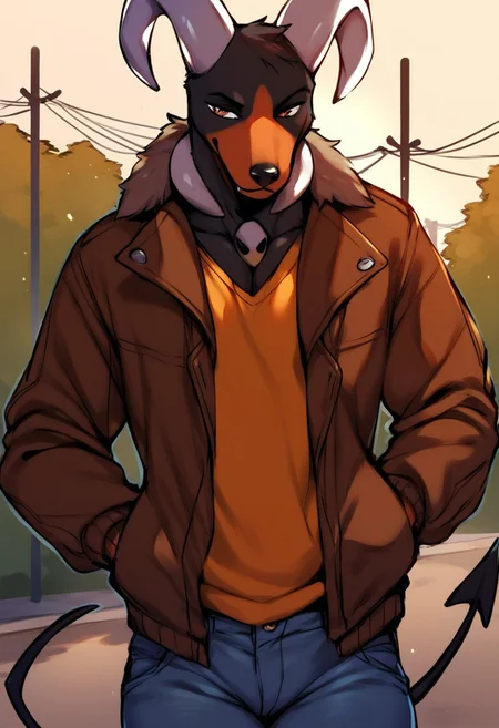 score_9, score_8_up, score_7_up, score_6_up, score_5_up, score_4_up, source_furry, source_anime, BREAK, (male: houndoom, anthro, male:1.2), ( curved horn, horns, black fur ,brown countershading, countershade fur, spade tail :1.3), (anthro houndoom, jacket, jeans, bad boy, :1.6) (outdoors:1.1),
,