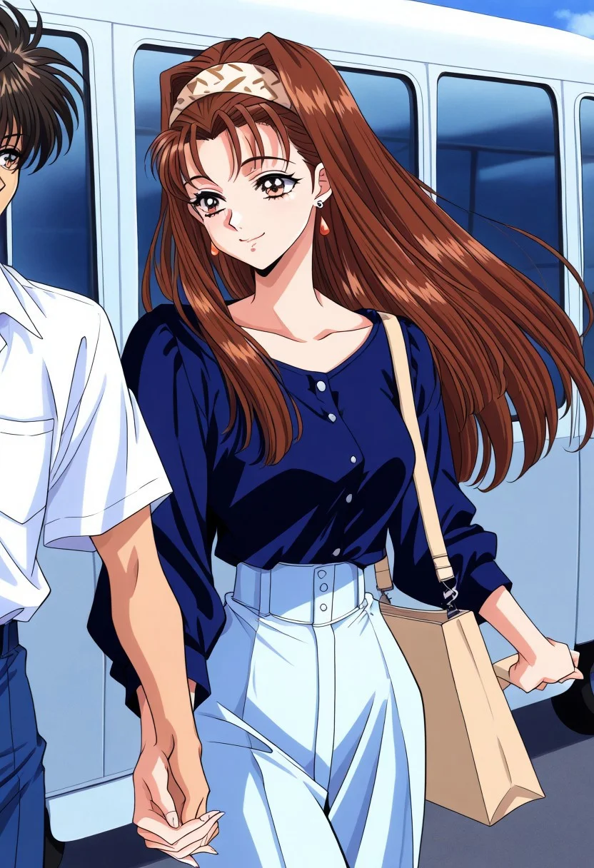 masterpiece, best quality, newest, highres, uncensored, 1girl, yokota mamoru style,1girl,
Matsudaira Youko,girl,brown hair,long hair,1990s (style),hairband,amber eyes
brown hair, 1boy, long hair, hairband, 1girl, smile, earrings, bag, jewelry, black hair boy, solo focus, holding hands, ground vehicle, brown eyes, boarding airplane
