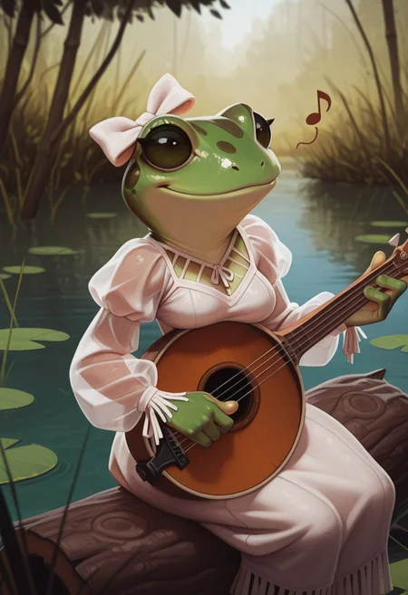 masterpiece, best quality, absurdres, highres, high quality, highly detailed,
1girl, solo, grungrace, anthro frog, spots, green skin, no humans, smile, white hair bow,
breasts,
white dress, fringe trim, puffy sleeves, see-through sleeves,
upper body, face focus, portrait,
banjo, playing instrument, musical note,
outdoors, depth of field, cinematic, sitting on log, lily pad, wetland,
no lineart, pixelsketcher,