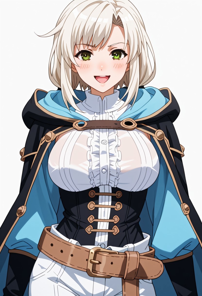 score_9. score_8_up. score_7_up. score_6_up. score_5_up. score_4_up, source_anime, 1girl, solo, calm, smile, smirk, seductive, squinted eyes, blushing, open mouth, 1girl, very_massive breasts, wide hips, thin waist, thick thighs, robin_(female)_(fire_emblem), white hair, medium hair, asymmetrical bangs, twintails, brown eyes, black robe, blue robe, hooded robe, open robe, brown belt-corset, white shirt, white trousers, black gloves, (((brown belt))), cowboy shot, white background, <lora:ebora-Style-PonyXL-GLoRA-000049:1>, there is a lack of fire
