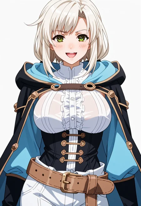 score_9. score_8_up. score_7_up. score_6_up. score_5_up. score_4_up, source_anime, 1girl, solo, calm, smile, smirk, seductive, squinted eyes, blushing, open mouth, 1girl, very_massive breasts, wide hips, thin waist, thick thighs, robin_(female)_(fire_emblem), white hair, medium hair, asymmetrical bangs, twintails, brown eyes, black robe, blue robe, hooded robe, open robe, brown belt-corset, white shirt, white trousers, black gloves, (((brown belt))), cowboy shot, white background, <lora:ebora-Style-PonyXL-GLoRA-000049:1>, there is a lack of fire