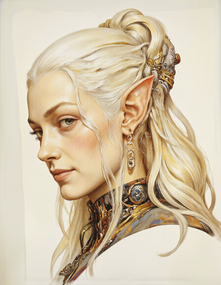 By Monstfactum.
A highly detailed, digitally rendered illustration in a fantasy art style. The subject is a tall, slender woman with pointed, elven ears, indicating she is of elven descent. Her skin is a light, warm-toned complexion, and she has long, platinum blonde hair styled in a loose, elegant updo with strands framing her face. She has a serene, contemplative expression, with a slight smile.
She is dressed in an elaborate, ornate outfit.