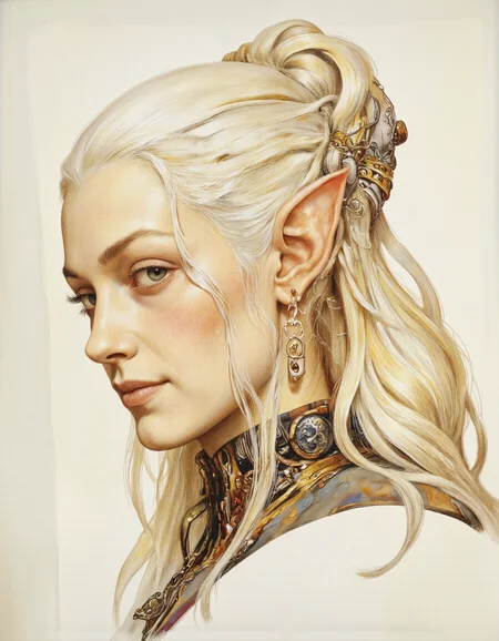 By Monstfactum.
A highly detailed, digitally rendered illustration in a fantasy art style. The subject is a tall, slender woman with pointed, elven ears, indicating she is of elven descent. Her skin is a light, warm-toned complexion, and she has long, platinum blonde hair styled in a loose, elegant updo with strands framing her face. She has a serene, contemplative expression, with a slight smile.
She is dressed in an elaborate, ornate outfit.