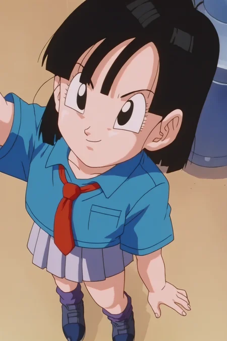 source_anime, score_9, score_8_up, score_7_up, anime screencap,8k, absurd res,
pan \(dragon ball\), 1girl, solo, looking at viewer, short hair, black hair, bangs, black eyes, eyelashes, selfie, from above, school uniform, street, city, sunlight, retro artstyle, 1990s \(style\), necktie, white collared shirt, pleated skirt, 
<lora:panRemake_pony_v1:0.8>