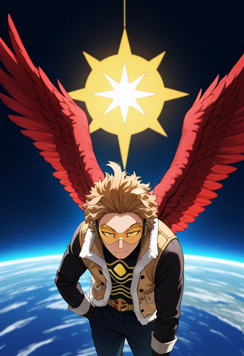 masterpiece, best quality, , (photorealistic:0.6), , 1boy, solo, male focus, <lora:keigo_takami_ilxl:0.94>, keigo_takami, hawks \(boku no hero academia\), blonde hair, yellow eyes, short hair, facial hair, stubble, wings, feathered wings, red wings, star palace, space halls, stellar gardens, observation decks, royal pose, dignified expression, space lighting, day of the dead costume