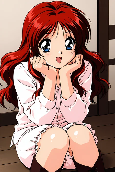 masterpiece, best quality, absurdres, official art, official style, rating general BREAK,
<lora:janjans1-hina_IL2_v1:0.7>, kawahara hina, 1girl, solo, red hair, blue eyes, parted bangs, shiny hair, retro artstyle, anime coloring, small breasts, hair down, long hair, wavy hair, floating hair, 1990s \(style\), white shirt, collared shirt, long sleeves, puffy sleeves, white bloomers, knee boots, lace-up boots, brown footwear, open mouth, sitting, smile, happy, :d, head rest, hands on own cheeks, looking at viewer, from above, close-up, upper body, eye focus, indoors, wooden floor, striped, knees together feet apart
