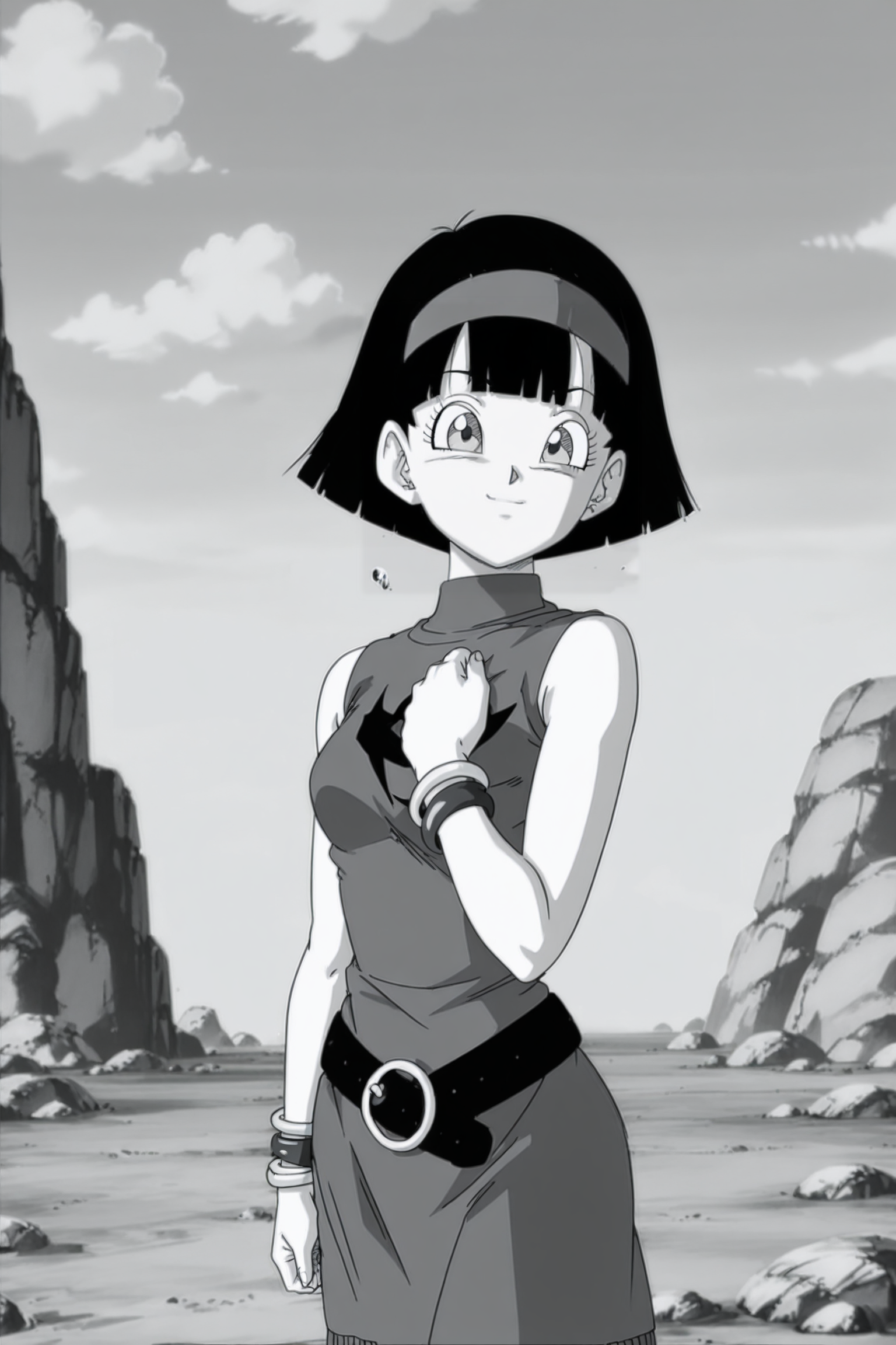 anime screencap, masterpiece, best quality, amazing quality, very aesthetic, absurdres,  newest, (scenery, volumetric lighting), official style, 
videl, dragon ball super, comic, monochrome, greyscale, devil dress, 1girl, solo, breasts, looking at viewer, smile, short hair, bob cut, fringe trim, black hair, red headband, turtleneck, sleeveless dress, print dress, symbol, bracelet, black belt, cowboy shot, rock, hand on own chest, arm by side, outdoors, cloud, sky, small breasts, day
 <lora:Videl_IL_v2:0.8>