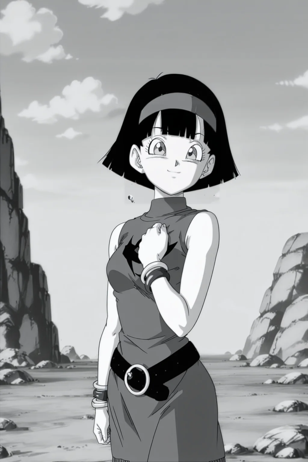 anime screencap, masterpiece, best quality, amazing quality, very aesthetic, absurdres, newest, (scenery, volumetric lighting), official style,
videl, dragon ball super, comic, monochrome, greyscale, devil dress, 1girl, solo, breasts, looking at viewer, smile, short hair, bob cut, fringe trim, black hair, red headband, turtleneck, sleeveless dress, print dress, symbol, bracelet, black belt, cowboy shot, rock, hand on own chest, arm by side, outdoors, cloud, sky, small breasts, day
<lora:Videl_IL_v2:0.8>