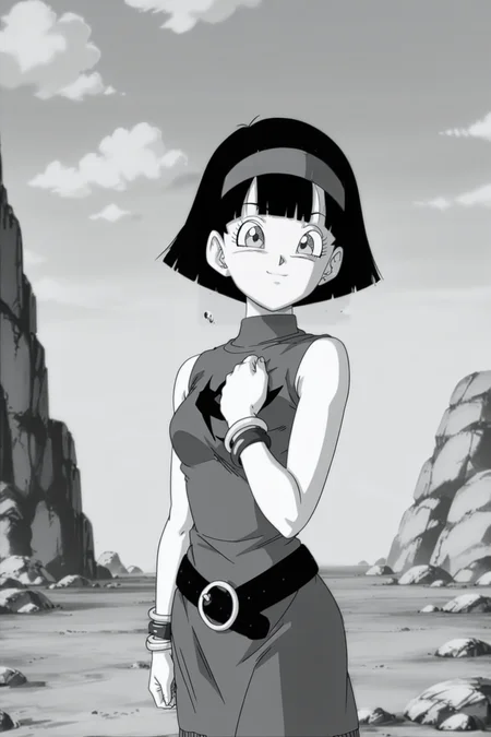 anime screencap, masterpiece, best quality, amazing quality, very aesthetic, absurdres, newest, (scenery, volumetric lighting), official style,
videl, dragon ball super, comic, monochrome, greyscale, devil dress, 1girl, solo, breasts, looking at viewer, smile, short hair, bob cut, fringe trim, black hair, red headband, turtleneck, sleeveless dress, print dress, symbol, bracelet, black belt, cowboy shot, rock, hand on own chest, arm by side, outdoors, cloud, sky, small breasts, day
<lora:Videl_IL_v2:0.8>