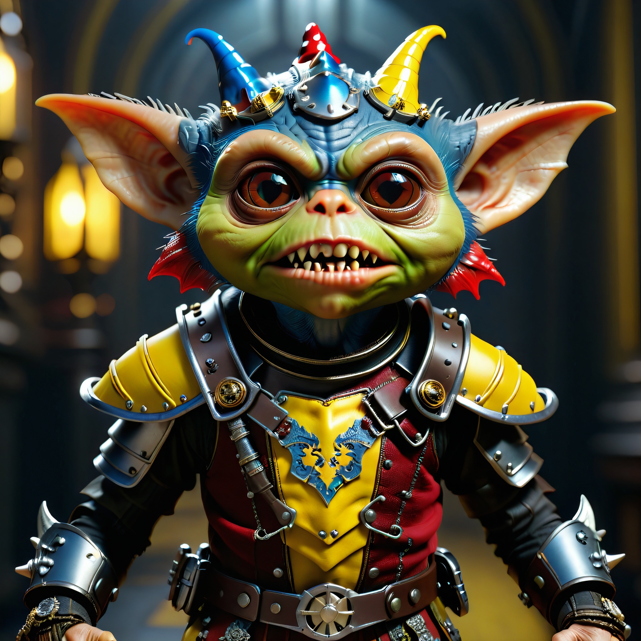 masterpiece, intricate photo of chritmas gremlin in knight armor, vampire clothing, cyberpunk style, steampunk style, gothic art, yellow red blue black dress, hyper realistic, highly detailed, sharp focus, best quality, 8K