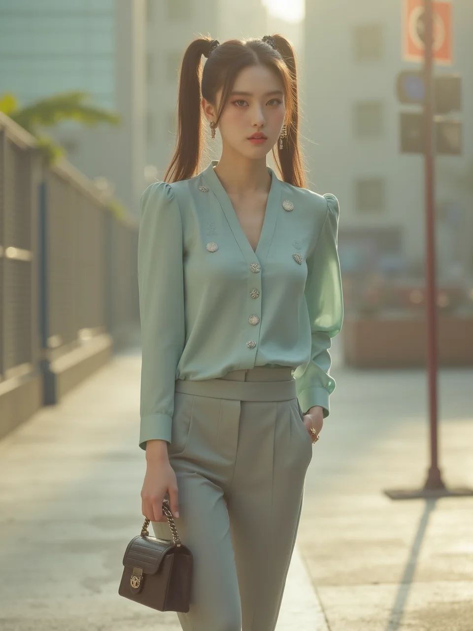[16]Realistic photograph, A 20-year-old elegant and sophisticated city Chinese woman is wearing a luxury silk cyan blouse and high-waisted pants. The pastel-toned blouse features metallic details, and the pants fall neatly just above the ankles. She pairs black stiletto heels with a designer mini bag, accessorized with diamond earrings of chanel logo and a slim gold watch. Her look is completed with natural wavy hair and neutral-toned makeup, exuding refined city style. full body, looking at viewer, upper body, leg open, standing, rainy playgroun, sittting, large breasts, The subject should be depicted with long, dark hair tied back in a Twin ponytails. The scene should take place during a sunny day with a warm and clear atmosphere. Incorporate sun flares or lens flares to add depth and interest to the image,