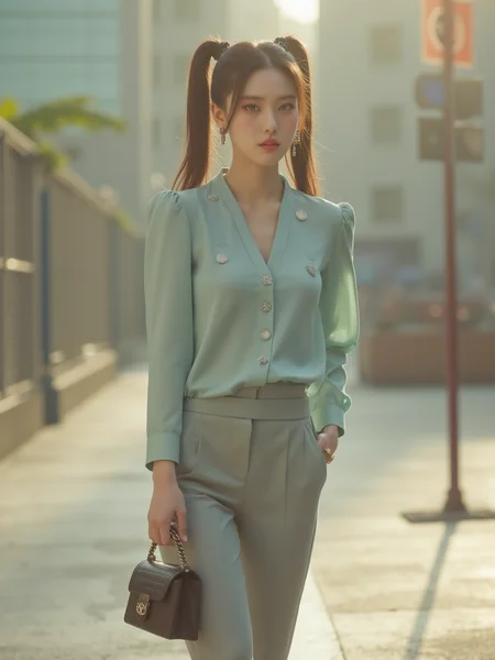 [16]Realistic photograph, A 20-year-old elegant and sophisticated city Chinese woman is wearing a luxury silk cyan blouse and high-waisted pants. The pastel-toned blouse features metallic details, and the pants fall neatly just above the ankles. She pairs black stiletto heels with a designer mini bag, accessorized with diamond earrings of chanel logo and a slim gold watch. Her look is completed with natural wavy hair and neutral-toned makeup, exuding refined city style. full body, looking at viewer, upper body, leg open, standing, rainy playgroun, sittting, large breasts, The subject should be depicted with long, dark hair tied back in a Twin ponytails. The scene should take place during a sunny day with a warm and clear atmosphere. Incorporate sun flares or lens flares to add depth and interest to the image,