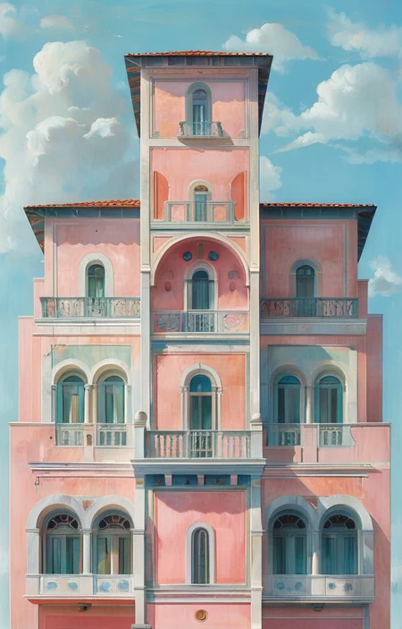 masterpiece,best quality,<lora:tbh302-sdxl:0.9>,illustration,designed by Filippo Brunelleschi Art Deco hotel facade in Miami Beach, featuring pastel colors and streamlined forms