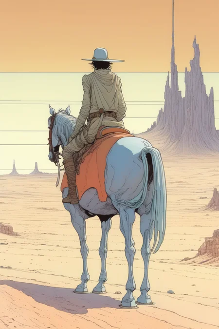 <lora:Moebius (Jean Giraud) Style:1>Moebius (Jean Giraud) Style - a tall, skinny man riding a horse. Facing forward towards us. In the desert. Studio Ghibli style. Moebius. Thin black outlines