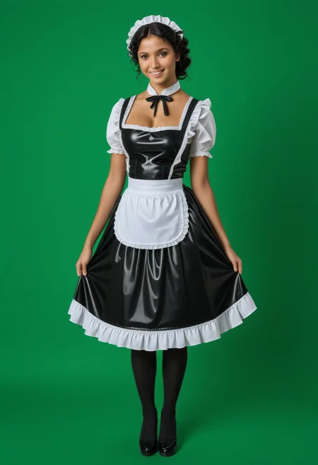 green screen, green background, greenscreen, solid green background,
wide shot, full body photo
of 23 y.o female woman
black shoulder length hair,
perfect featureless skin,
hourglass shape,
big breasts, <lora:chest_adjust:11>,
long curly shiny black hair
dark brown eyes
naughty smile
bimbo lips
hypnotic eyes
hypnosis, mind control,looking at viewer
wearing black latex maid uniform with white frills and a thick black latex dress long enough to hide her feet victorian maid
full color, high detail, 8k, highly detailed, symmetry